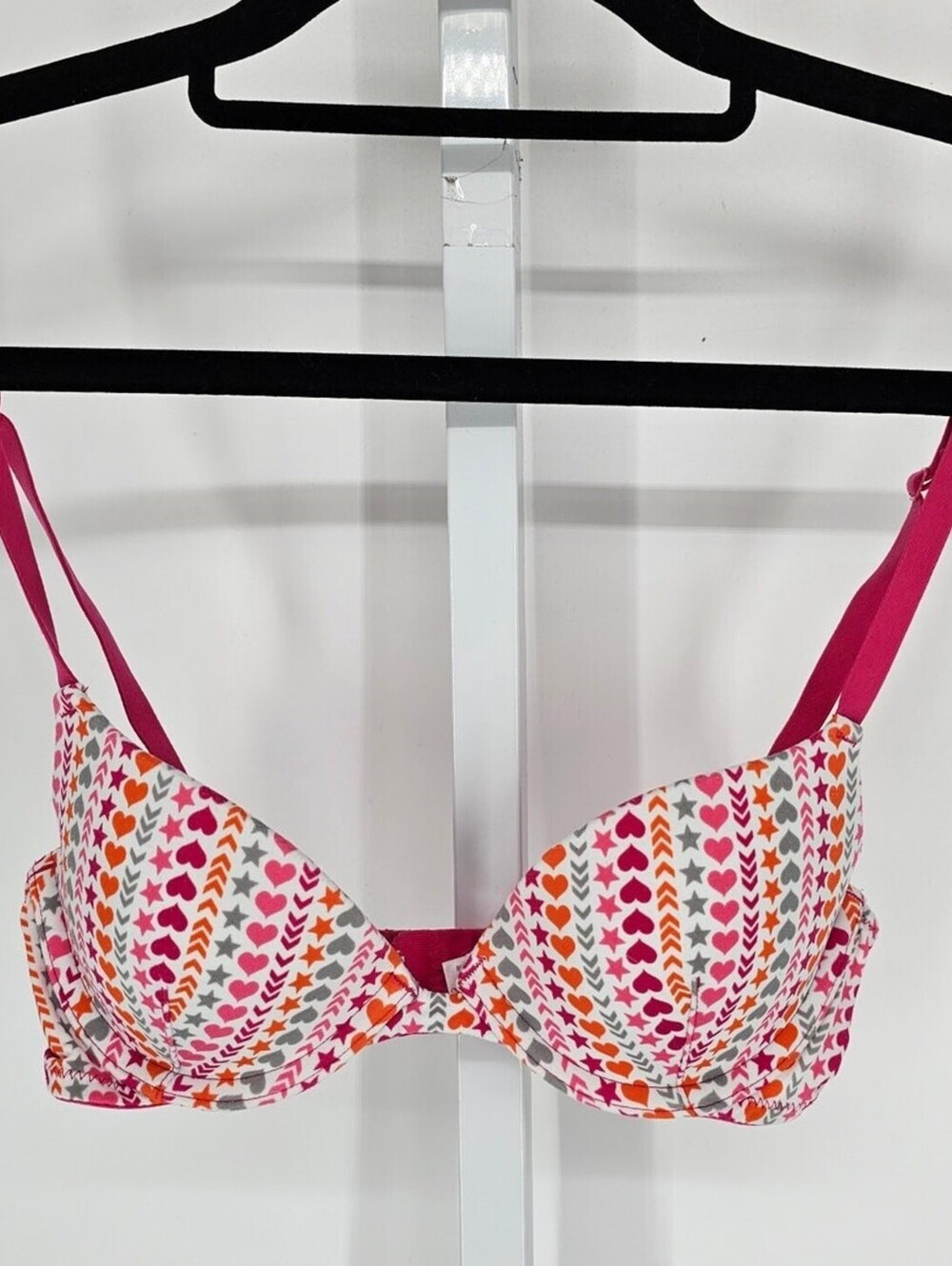 Flirtitude Womens Sz 32A Classic T Shirt Bra Pink Star Heart Striped